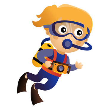 Cartoon little girl scuba diver. Marine photography or shooting. Underwater world. Colorful vector illustration for kids.