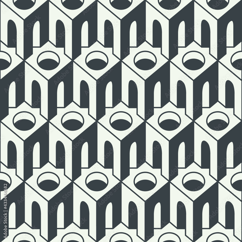 Poster seamless pattern with architectural elements. repeating vector texture with simple 3d elements. mono