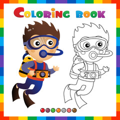 Coloring Page Outline of cartoon little boy scuba diver. Marine photography or shooting. Underwater world. Coloring Book for kids.