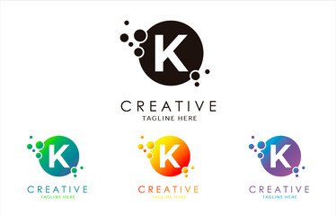 K Dots Letter Logo set in Beautiful Gradient Color. K bubble letter in black, purple, yellow and green gradient vector illustration.
