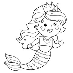 Coloring Page Outline of cartoon beautiful little mermaid. Marine princess. Underwater world. Coloring Book for kids.