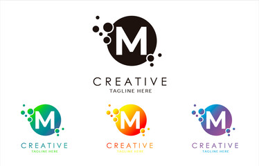 M Dots Letter Logo set in Beautiful Gradient Color. M bubble letter in black, purple, yellow and green gradient vector illustration.
