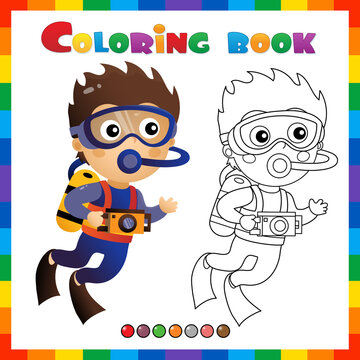 Coloring Page Outline of cartoon little boy scuba diver. Marine photography or shooting. Underwater world. Coloring Book for kids.