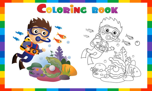Coloring Page Outline of cartoon little boy scuba diver. Marine photography or shooting. Underwater world. Coral reef with fishes, pearl shells and sea star. Coloring Book for kids.