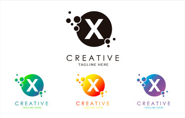 X Dots Letter Logo set in Beautiful Gradient Color. X bubble letter in black, purple, yellow and green gradient vector illustration.
