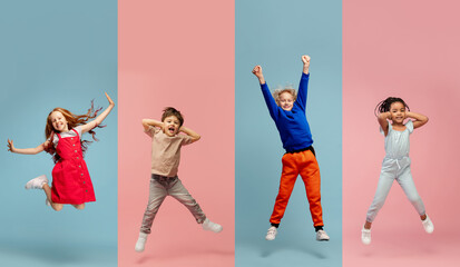 Art collage made of portraits of little and happy kids isolated on multicolored studio background....