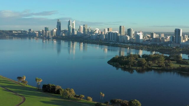 Early morning drone shot of the Perth skyline and Swan River in Western Australia.