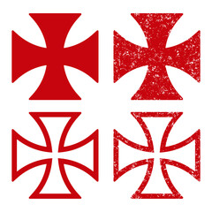 Maltese cross vector shape symbol set. Christianity sign. Grunge texture. Christian religion icon. Catholic and protestant faith logo or image. Teutonic crusader label. Gothic crusade crucifix.