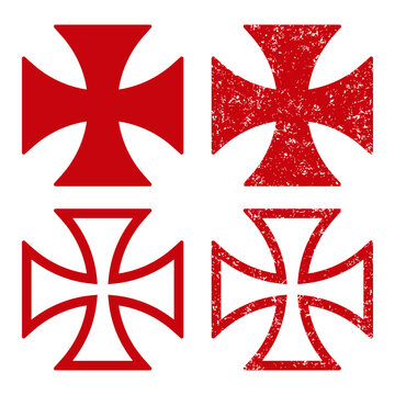 Maltese cross vector shape symbol set. Christianity sign. Grunge texture. Christian religion icon. Catholic and protestant faith logo or image. Teutonic crusader label. Gothic crusade crucifix.