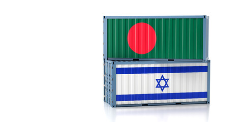 Two freight container with Bangladesh and Israel flag. Copy space on the left side - 3D Rendering
