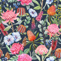 Beautiful seamless pattern with hand drawn watercolor protea banksia and other australian flowers. Stock illustration.