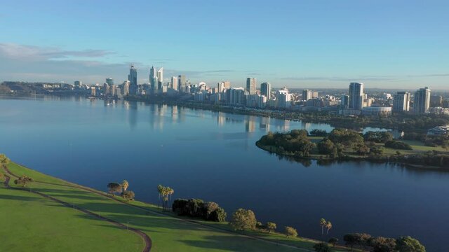 Early morning aerial view of the Perth skyline and Swan River in Western Australia.