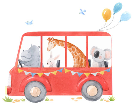 Beautiful stock illustration with cute hand drawn watercolor bus with animals. Rhino giraffe rabbit koala. Little friends.
