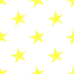 Seamless pattern with yellow stars. Cute baby design. Hand-drawn illustrations of yellow watercolor stars on a white background. For the design of fabric, wallpaper, and children's textiles.