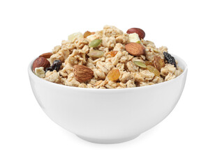 Granola in bowl on white background. Healthy snack