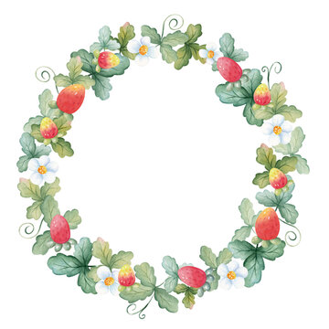 Watercolor Round frame of leaves, strawberries and flowers. Hand drawn floral illustration with summer berries. Template for postcards, invitations, decor.