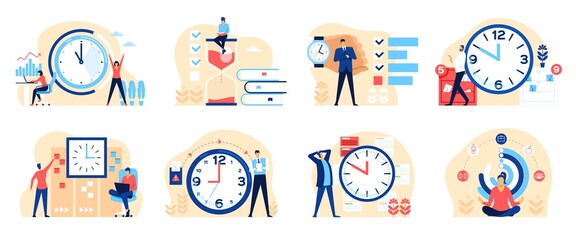 Time management. Productive business people organizing their time. Effective work planning, multitasking concept with clocks and hourglass vector set. Office productivity, workflow