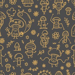 Seamless pattern with cute cartoon mushrooms on  dark background. Funny doodle character wallpapers. Childish vector print.