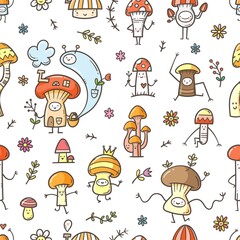 Seamless pattern with cute cartoon mushrooms on  white background. Funny doodle character wallpapers. Childish vector print.