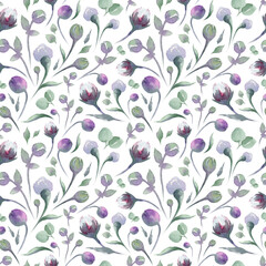 Watercolor hand drawn seamless pattern. Lovely blue, green, purple flowers, buds, leaves, sprouts. Beautiful endless texture for your design.