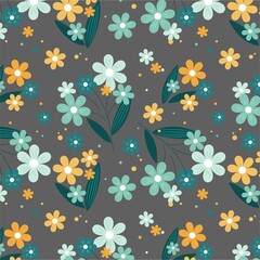 Seamless vector nature pattern with flowers on gray background. Design for clothes and other items.