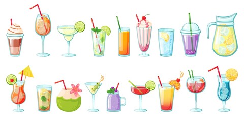 Summer drinks. Non alcoholic tropical cocktails, lemonades, smoothies, fresh juices, water with ice. Cold beverages for summer party vector set. Exotic isolated drinks for refreshment