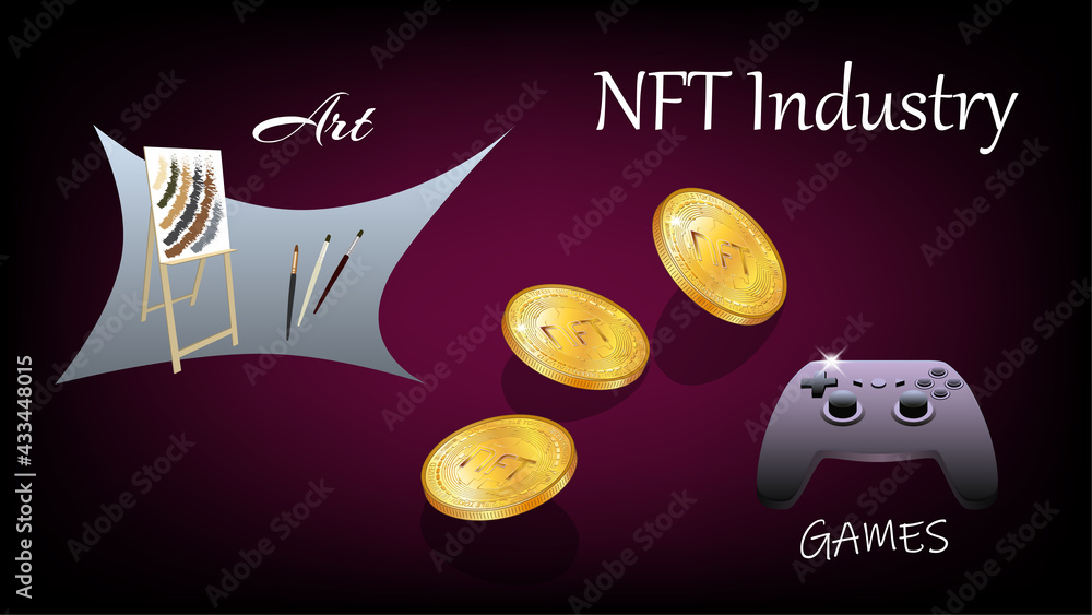 Canvas Prints banner of non-fungible nft tokens in art and gaming industry with easel and console gamepad with iso