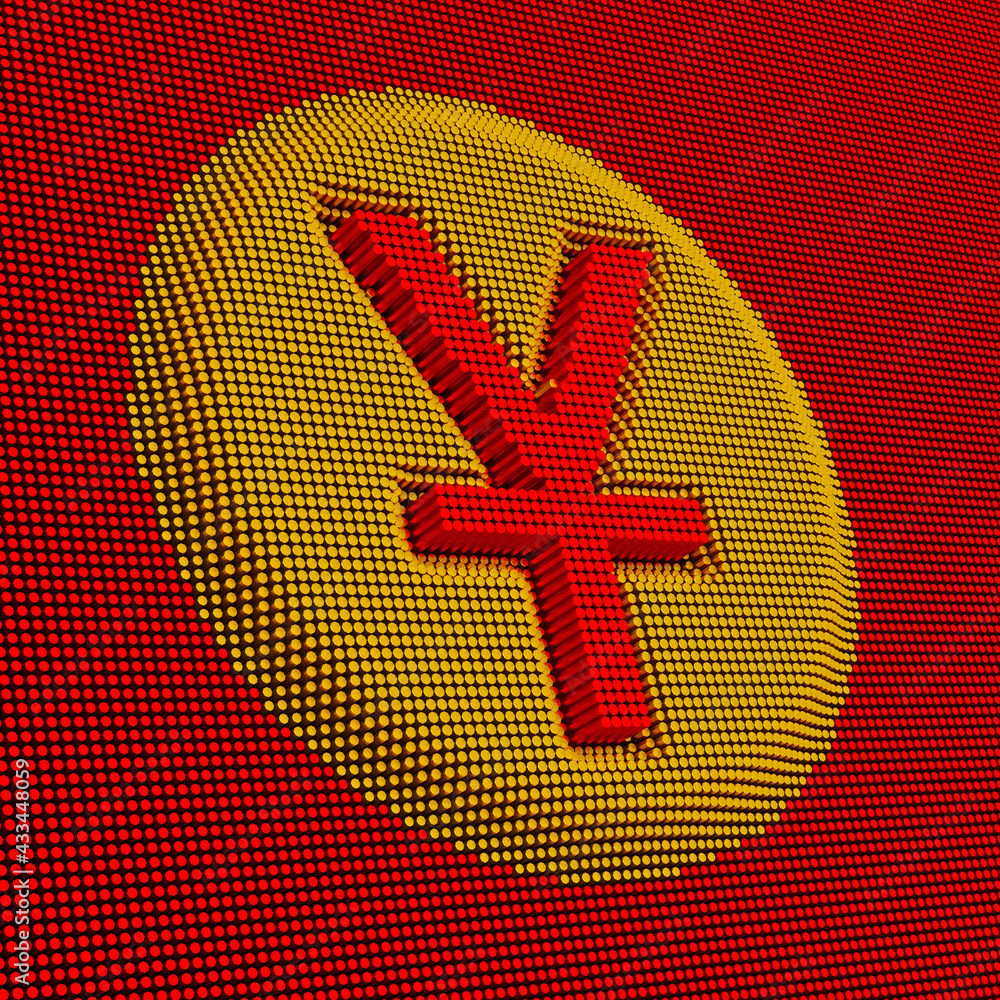Poster pixel art style chinese yuan symbol with chinese flag color. 3d rendering