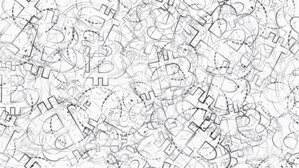 Modern seamless geometric pattern in black and white with outline bitcoin BTC sign and digital rings with different sizes on white background. Vector illustration.
