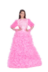 Happy little girl in pink dress   posing