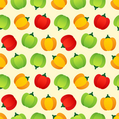  Vegetable pattern. Seamless background of yellow, green and red peppers in flat style on a light yellow background. Vector 10 EPS.