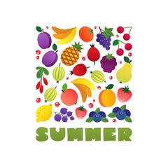 Summer concept. Square composition of bright fruits and berries drawn in a flat style. Vector 10 EPS.