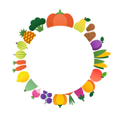 Fruit and vegetable concept. Colorful frame made of vegetables and fruits drawn in a flat style. Blank space for your text included. Vector 10 EPS.