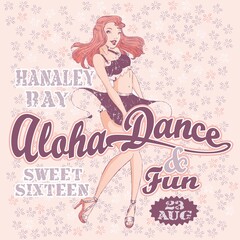 Pin up with red hair dancing and having fun on a hawaiian background