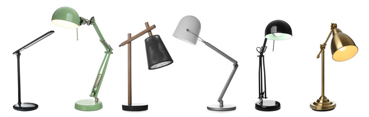 Set with different stylish table lamps on white background. Banner design