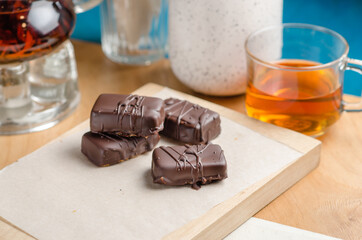 Vegan chocolate bars. Healthy sweets without sugar.