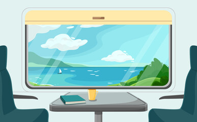 The inside of a passenger train. View from the carriage to the summer seascape. Modern vector illustration. Travel to beautiful places. Summer vacation at the sea.