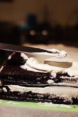 A close-up of cake buns being smeared with cream by a pastry chef. The work of the pastry shop. Homemade cake making. Macro photo of a slice of dessert