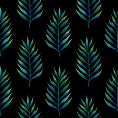 Green watercolor palm leaves on a black background. Minimalistic seamless pattern. Elegant wallpaper modern design. Wrapping paper in tropical style. Exotic rainforest theme. Fashion fabric print