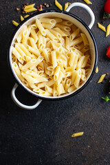 penne pasta semolina durum wheat italian cuisine meal snack copy space food background rustic top view