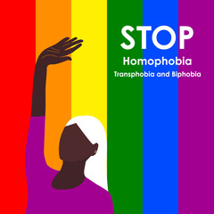 Stop Homophobia. Black LGBT woman raised her hand in protest May 17 - The International Day Against Homophobia, Transphobia and Biphobia. Vector illustration in flat style. Eps 10.