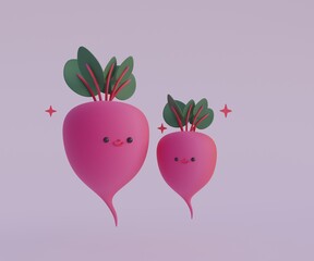 Cartoon cute beets 3d render illustration.  Reddish with face vegetable 3d