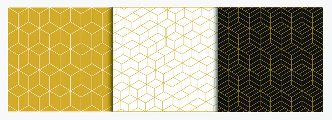 Collection of simple geometric seamless patterns in golden, white and black colours . Vector illustration
