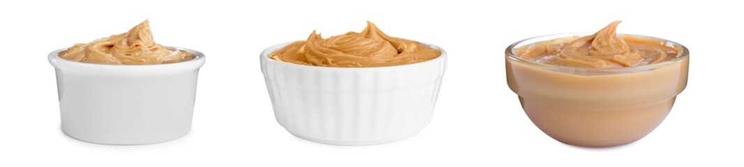 Set with delicious peanut butter on white background. Banner design