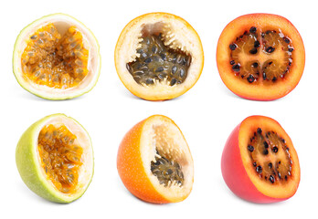 Fototapeta na wymiar Set with different delicious cut exotic fruits on white background