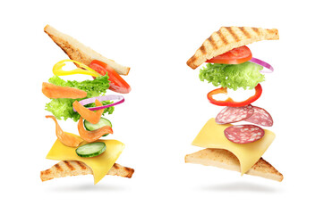 Delicious sandwiches with flying ingredients on white background, collage