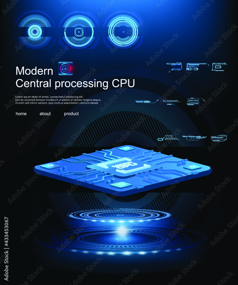 Poster powerful processor for computer motherboard. presentation microprocessor of the future on holographi