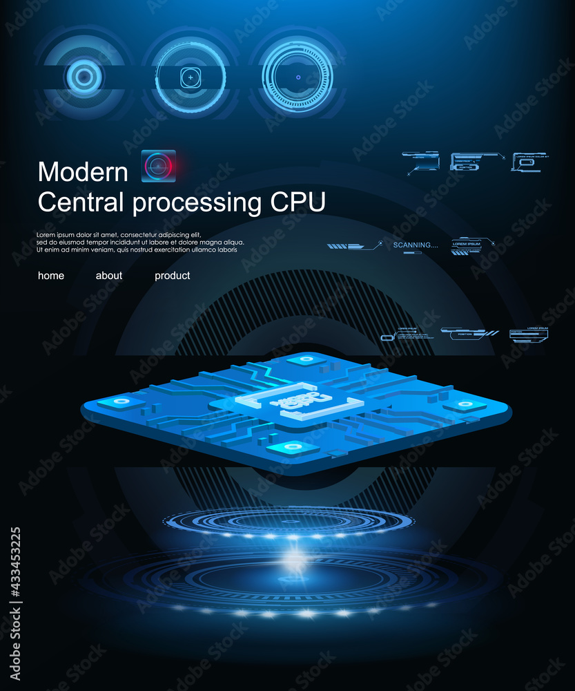 Poster powerful processor for computer motherboard. presentation microprocessor of the future on holographi