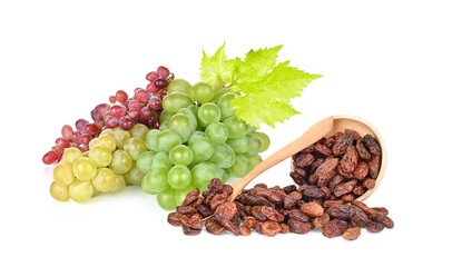 Grape isolated. Green grapes with leaves on white.