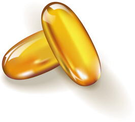 Vector image of  two capsules (pills) with a fish oil and omega-3 isolated on the white background.